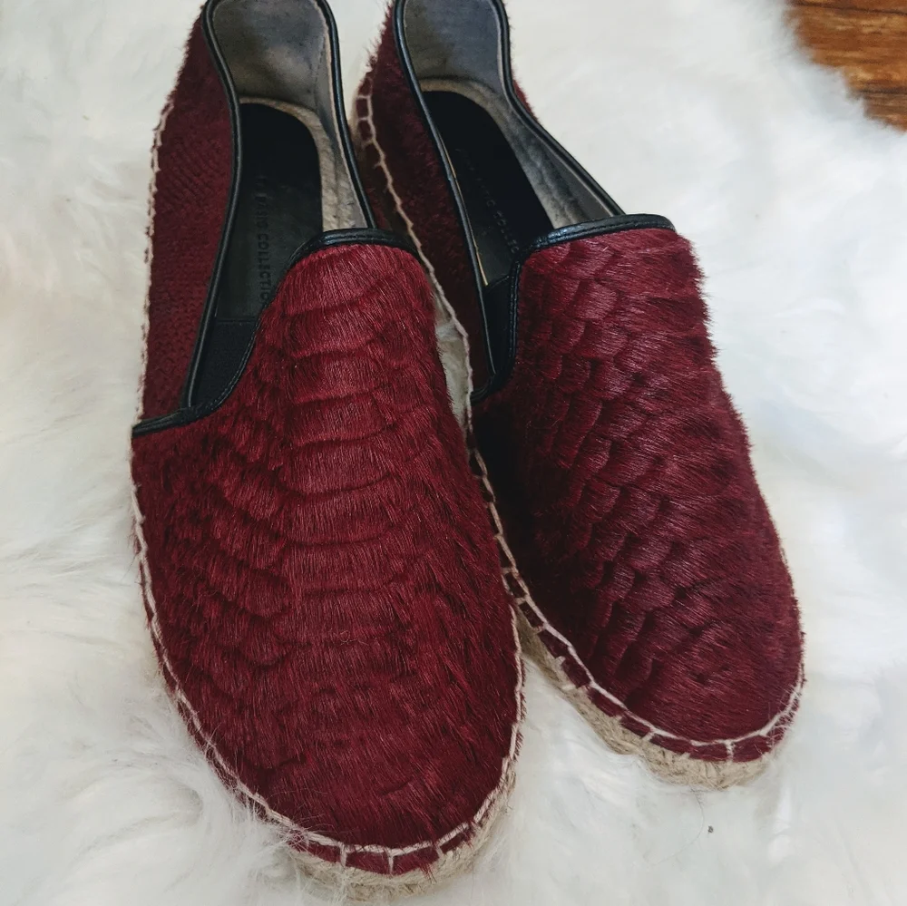 ZARA Burgundy Ponyhair Espadrilles Sneaker Loafers 7.5 Pony Hair Calf Snake